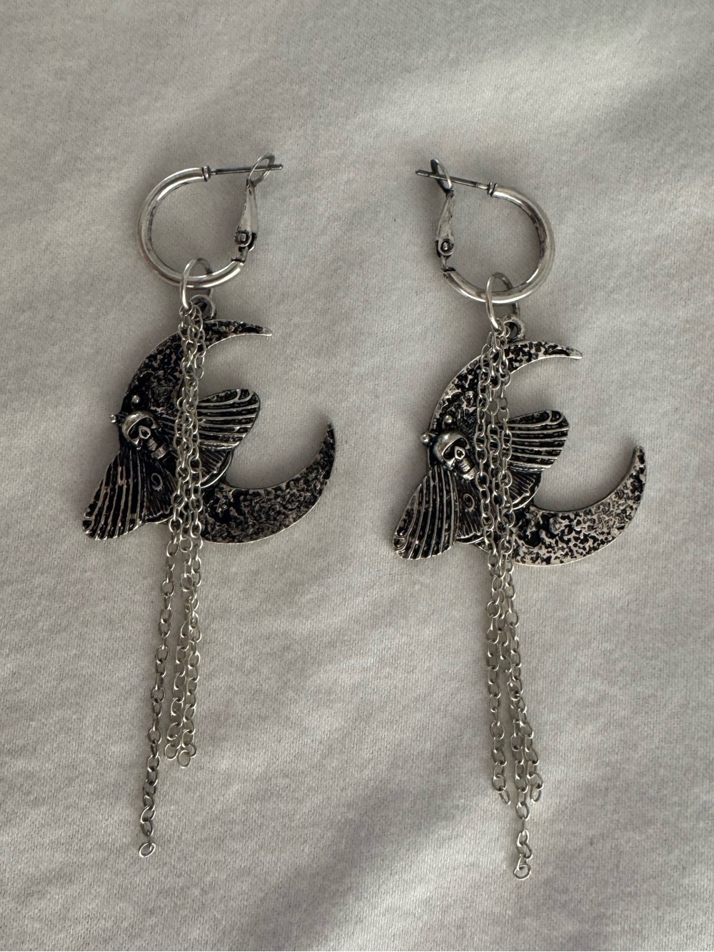 Handmade Silver Death Moth and Moon with Chains Dangle Earrings